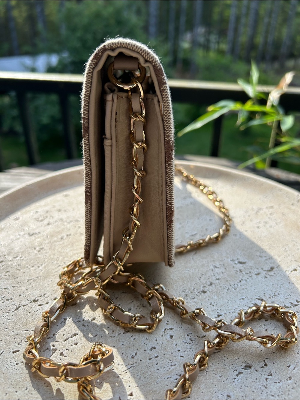 bebe Tallula Monogram Jacquard Beige and Brown Logo Crossbody with Gold Chain - Picture 3 of 8